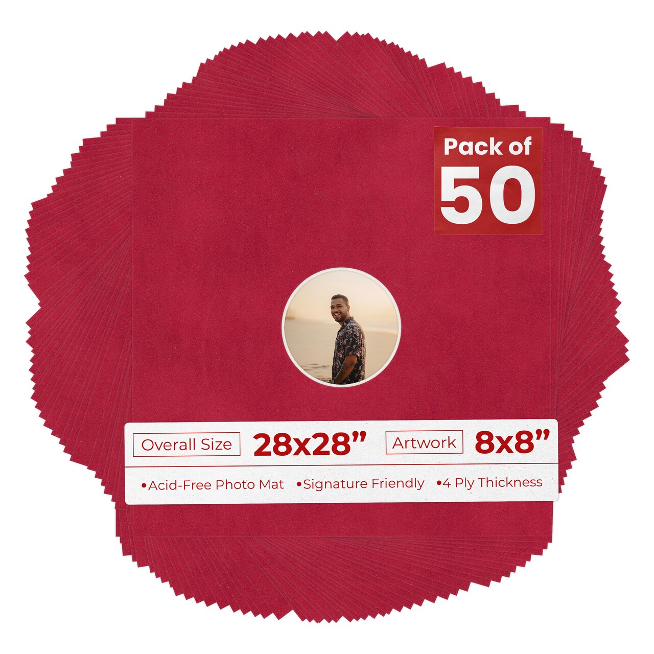 Red Suede Mat Board for 28x28 Frames - Circle Opening for 8x8 Photos